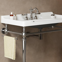VICI 36" Bathroom Console Sink, Wall-Mounted White Ceramic Vanity Basin with 3 Pre-drilled Faucet Holes, Freestanding Stainless Steel Support Legs with Towel Bar, No Faucet & Sink Cover, Chrome Color
