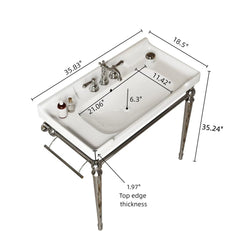 VICI 36" Bathroom Console Sink, Wall-Mounted White Ceramic Vanity Basin with 3 Pre-drilled Faucet Holes, Freestanding Stainless Steel Support Legs with Towel Bar, No Faucet & Sink Cover, Chrome Color