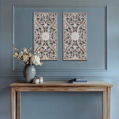 2 PCS Botanical Panel Distressed Carved Wood Wall Decor Set