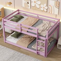 Solid Wooden , Solid Rubber Wooden Twin over Twin Floor Bunk Bed with Ladder ,Upper and Bottom Bed Platforms crafted with Strengthened Slats ,Pink