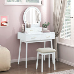 Beautiful White Finish Vanity Dresser with Mirror and Stool Set Storage Drawers Luxury Furniture 1pc LED Mirror