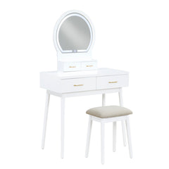 Beautiful White Finish Vanity Dresser with Mirror and Stool Set Storage Drawers Luxury Furniture 1pc LED Mirror