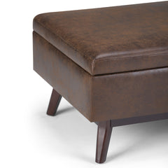 Owen 34 inch Wide Coffee Table Storage Ottoman in Distressed Chestnut Brown Vegan Leather