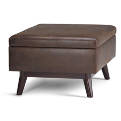 Owen 34 inch Wide Coffee Table Storage Ottoman in Distressed Chestnut Brown Vegan Leather