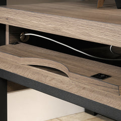 Industrial L-Shaped Desk with Elevated Cubby Shelf, Brown finish