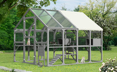 Large Catio Outdoor Cat Enclosure for Multiple Kittens, Wooden Cat House with 7 Platforms, 2 Resting Boxes, 1 Bridge and 1 Ramp, Walk in Kitty Cage Kennel with Sunshine Board Roof, Gray