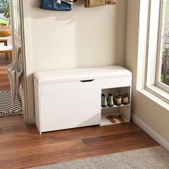 Entryway Bench with Shoe Storage,Adjustable 3-Tier Flip-Up Drawers & Hidden Cabinet,Space-Saving Shoe Organizer,Triple Storage and Modern Design,for Hallway and Living Room,White
