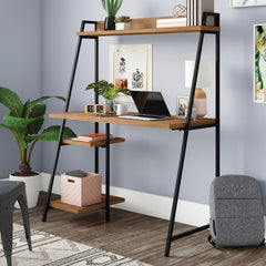 Modern Computer Desk With Hutch, Brown finish