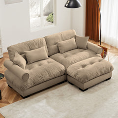 Over Size Modern Two-seater Sofa with Ottoman, Velvet 2-Seater with Round Bolster Armrests,With Waist Pillow and Throw Pillows,Small L Shape Sofa For Living Room, Reading Room , Loft and Bedroom,Camel