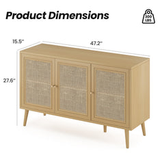 Sideboard Buffet Cabinet with 3 Rattan Doors,Modern Kitchen Storage Console Cabinet for Entryway Living Room (Small,Natural)