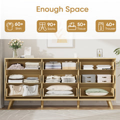 9 Drawer Dresser for Bedroom, Fluted Wooden Chest of Drawers for Children's Room, Nursery, Entrance, Natural, 63 inchW x 15.7 inchD x 29.5 inchH