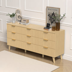 9 Drawer Dresser for Bedroom, Fluted Wooden Chest of Drawers for Children's Room, Nursery, Entrance, Natural, 63 inchW x 15.7 inchD x 29.5 inchH