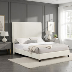 Queen Size White Boucle Upholstered Platform Bed