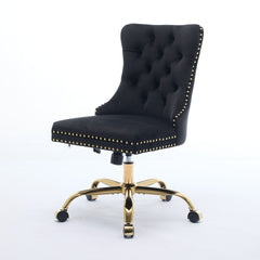 A&A Furniture Office Chair,Modern Velvet Upholstered Tufted Button Home Office Chair with Golden Metal Base,Adjustable Desk Chair Swivel Office Chair (Black)
