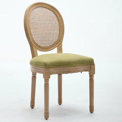 A&A Furniture,French Style Solid Wood Frame Antique Painting Linen Fabric Rattan Back Dining Chair,Set of 2,Olive-Green