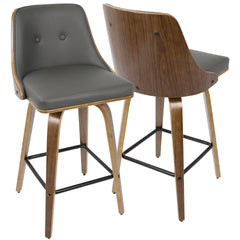 Gianna 26" Mid-Century Modern Counter Stool in Walnut with Grey Faux Leather by LumiSource - Set of 2