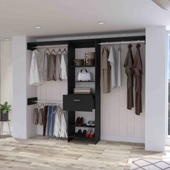 Cross Closet System, One Drawer, Three Metal Rod, Five Open Shelves