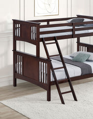Modern Transitional Style Twin Over Full Bunk Bed With Ladder And Dark Walnut Finish