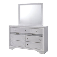 White Color Dresser w Mirror Set Hidden Jewelry Drawer English Dovetail Silver Accents Round Knobs Bedroom Furniture
