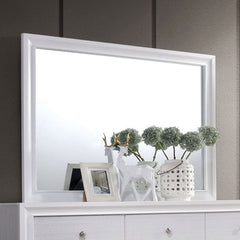 White Color Dresser w Mirror Set Hidden Jewelry Drawer English Dovetail Silver Accents Round Knobs Bedroom Furniture