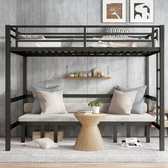 Queen over Queen size pull-out Metal Bunk Bed, lower bunk can be pulled out in three sections, top bunk equipped with safety rails, black.