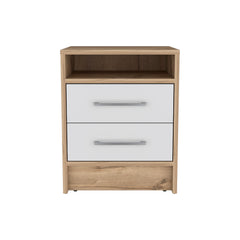 Nightstand Cartiz, Two Drawers, White / Light Oak Finish