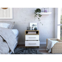 Nightstand 20"H, Two Drawers, Superior Top, Metal Handles, White / Light Oak