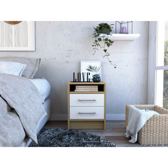 Nightstand 20"H, Two Drawers, Superior Top, Metal Handles, White / Light Oak