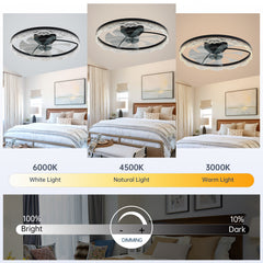 24" Decorative LED Ceiling Fan Light – Modern Flush Mount with Acrylic Ring, Hidden Blades, Remote Control, and Dimmable Light for Stylish Homes (Black)