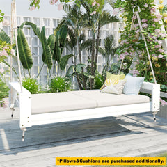 TOPMAX Twin Size Porch Swing Bed Seating Group, Patio Acacia Wood Swing Frame with Hemp Ropes for Garden, Backyard, White