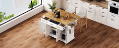 K&K 54inch Large Kitchen Island with Rubber Wood Drop Leaf, Embossed Texture Rolling Kitchen Cart on 4 Wheels with 4 Doors and 3 Drawers, Kitchen Island with Storage for Kitchen, Dining Room,White