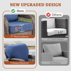 Outdoor Glider Chairs Set of 2, Brown Wicker Patio Furniture Swivel Rockers with T Shape-Back Cushions and 5" Thick Foam, Ideal for Porch and Yard, Blue