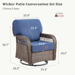 Outdoor Glider Chairs Set of 2, Brown Wicker Patio Furniture Swivel Rockers with T Shape-Back Cushions and 5" Thick Foam, Ideal for Porch and Yard, Blue