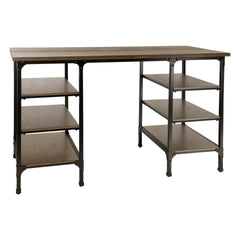 Modern Traditional Aesthetic 1pc Counter Height Writing Desk with 6x Shelves Natural Finish and Rustic Black Metal Finish