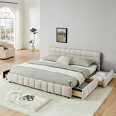King Size Upholstered Bed ,comfortable upholstered bed frame, Chenille fabric, with headboard and solid bed frame. With drawer for storage.-Beige(88.5''*85.5''*31'')