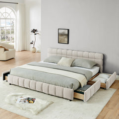 King Size Upholstered Bed ,comfortable upholstered bed frame, Chenille fabric, with headboard and solid bed frame. With drawer for storage.-Beige(88.5''*85.5''*31'')