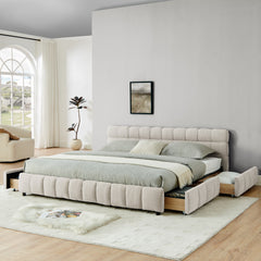 King Size Upholstered Bed ,comfortable upholstered bed frame, Chenille fabric, with headboard and solid bed frame. With drawer for storage.-Beige(88.5''*85.5''*31'')