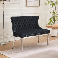 Velvet Double Dining Loveseat Bench, Kitchen & Dining Seating, 2-Seat Tufted Bench w/Handmade Buttons, Wing Back, Brushed Silver Stainless Steel Legs, Mid Century Modern,Single Pack,Black,SW1702BK