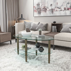 Transparent Oval glass coffee table, modern table in living room Oak wood leg tea table 3-layer glass table