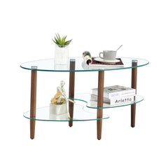 Transparent Oval glass coffee table, modern table in living room Oak wood leg tea table 3-layer glass table