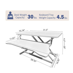 32 Inch Desk Converter, Height Adjustable Sit to Stand Riser, Dual Monitor and Laptop Workstation with Wide Keyboard Tray, Standing Computer Desk, WHITE