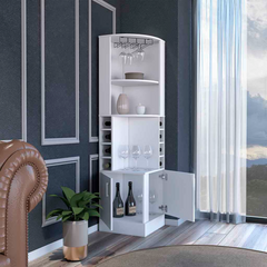 Corner bar cabinet 71" H, with two shelves at the top, 1 glass holder, 8 exterior bottle racks, 1 central shelf and a lower drawer with 2 side doors, white