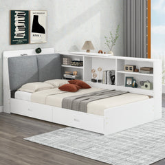 Wood Twin Size platform bed with Storage Headboard, Shelves and 2 Drawers, White