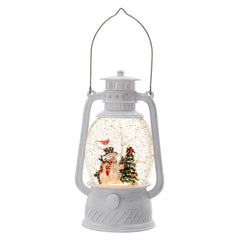 4.7x4.7x8.3"H Christmas Plastic/Resin White Lantern With Snowman & Tree Led/Water Spinning/6 Hours Timer, 3*AA Batteries Required