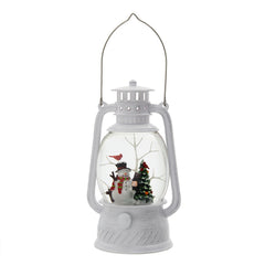 4.7x4.7x8.3"H Christmas Plastic/Resin White Lantern With Snowman & Tree Led/Water Spinning/6 Hours Timer, 3*AA Batteries Required