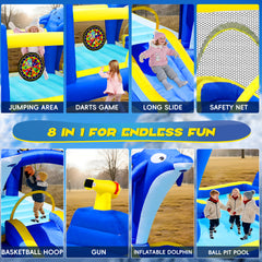 8 in1 Inflatable slide water park trampoline bouncing house outdoor garden with Dolphin sprinkler & Target games & Water gun & Basketball