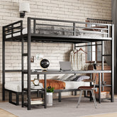 Queen Over Twin XL Metal Bunk Bed/Loft Bed with Desk and Shelves, Multiple Uses Folds into Sofa with LED and USB, Black