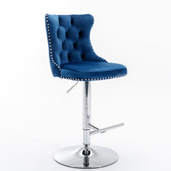 Swivel Velvet Barstools Adjusatble Seat Height from 25-33 Inch, Chrome base Bar Stools with Backs Comfortable Tufted for Home Pub and Kitchen Island,Set of 2,AS1712BL,Blue