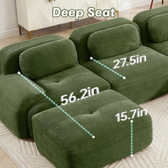 U-shaped modular sofa no assembly breathable corduroy fabric 32D high-resilience sponge extra-wide curved armrests pet-friendly ergonomic design for living rooms bedrooms,Olive green