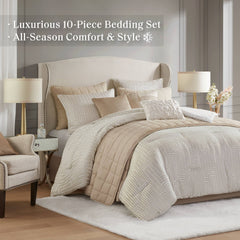 10 PCS Cal King Luxury Jacquard Comforter Set Ivory